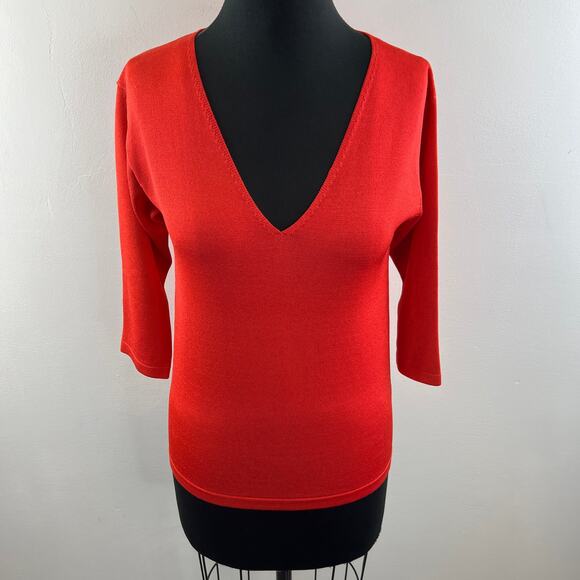 LINDA ALLARD ELLEN TRACY Red Orange Silk Blend 3/4 Sleeve V-Neck Knit Top Size M - Picture 2 of 9